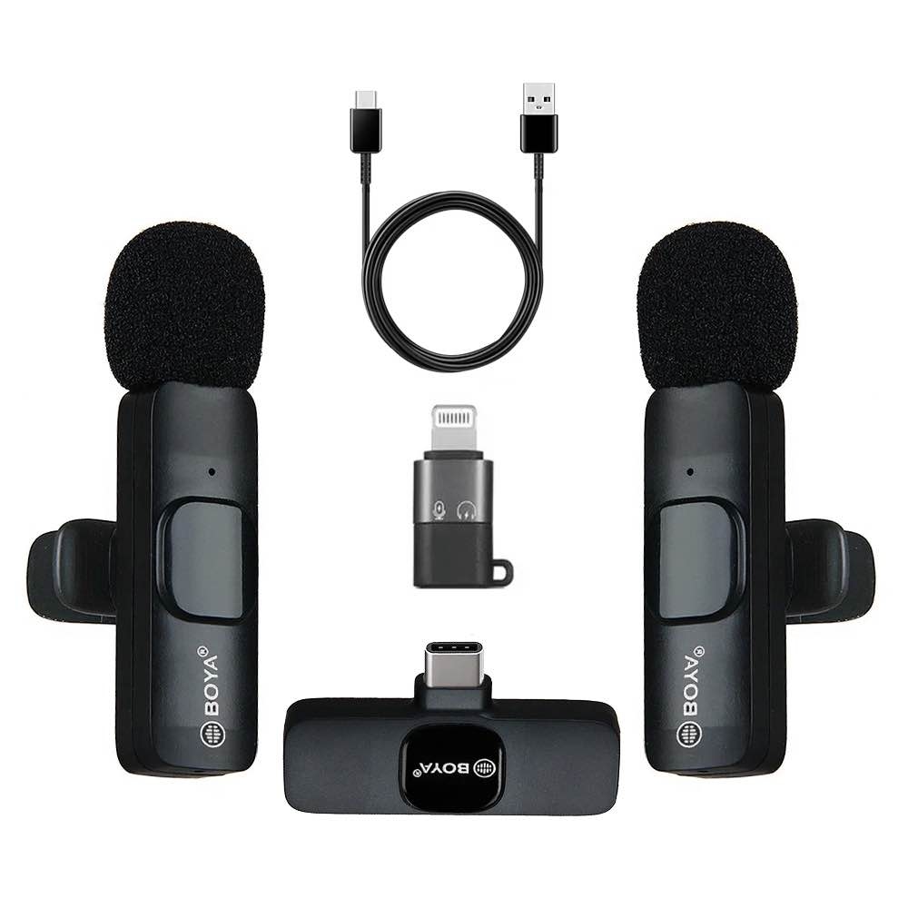 Bo ya Improved Wireless Lavalier With 2 Microphone with Adjustable Collar Clip and Adapter - for iPhone/Android/Computer - Mini Mic for Video Recording/Podcasts, Built-in Noise Cancelling Chip 2
