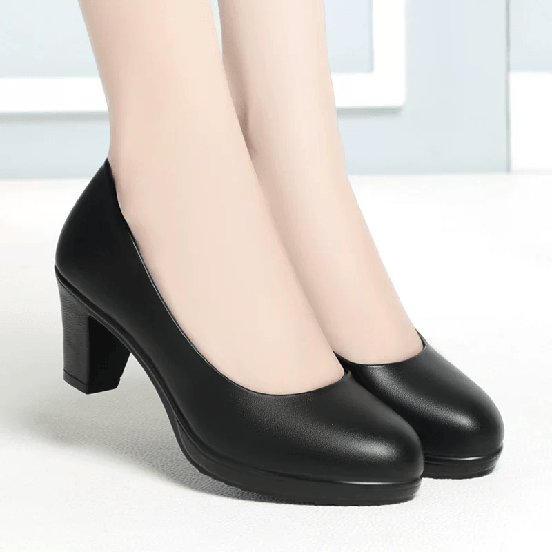 "ElegantEase Women's Black Leather Block Heel Pumps – Classic Office & Formal Wear" 1