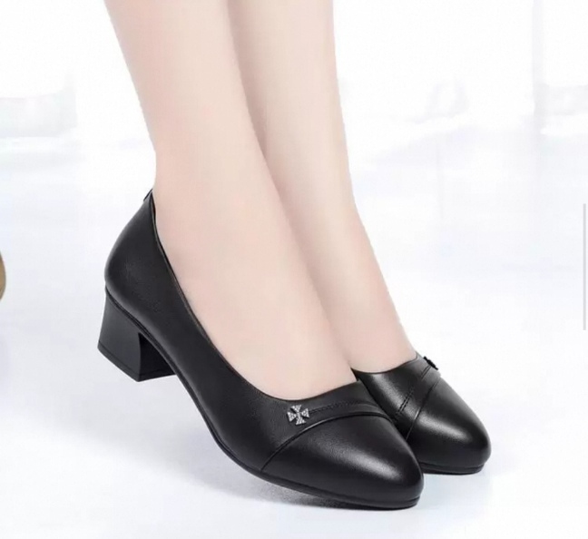 Fashion Non-slip Thick Sole Block Heel Sweet Light Weight Soft Leather Square Heel Model Women Shoes Versatile New 1