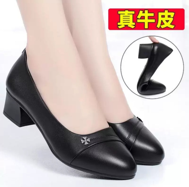 Fashion Non-slip Thick Sole Block Heel Sweet Light Weight Soft Leather Square Heel Model Women Shoes Versatile New 1