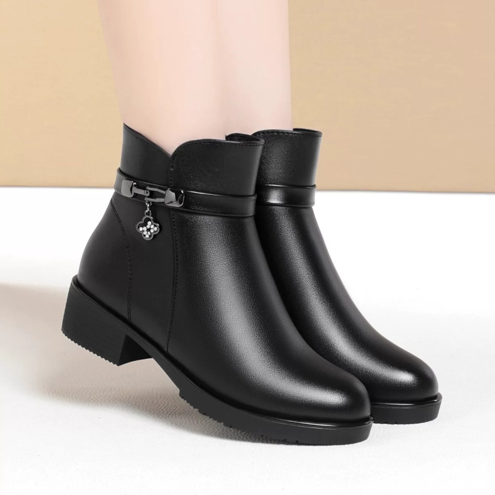 2025 Luxury Women Autumn Winter Genuine Leather Short Boots Round Toe High Heels Zipper Ankle Boots Ladies Ethnic Style 1