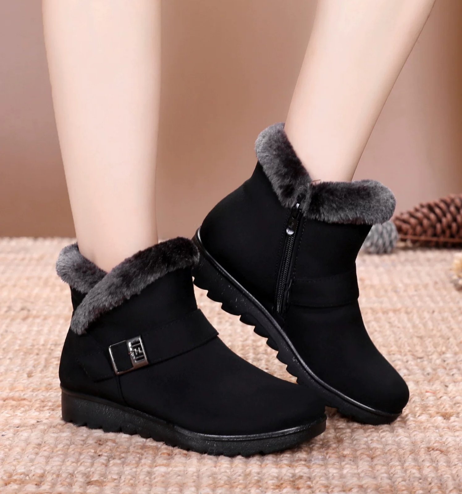 Elegant Winter Boots for Women Side Zipper Ankle Snow Boots Anti-slip Booties Faux Fur Hiking Black Brown Boots 1