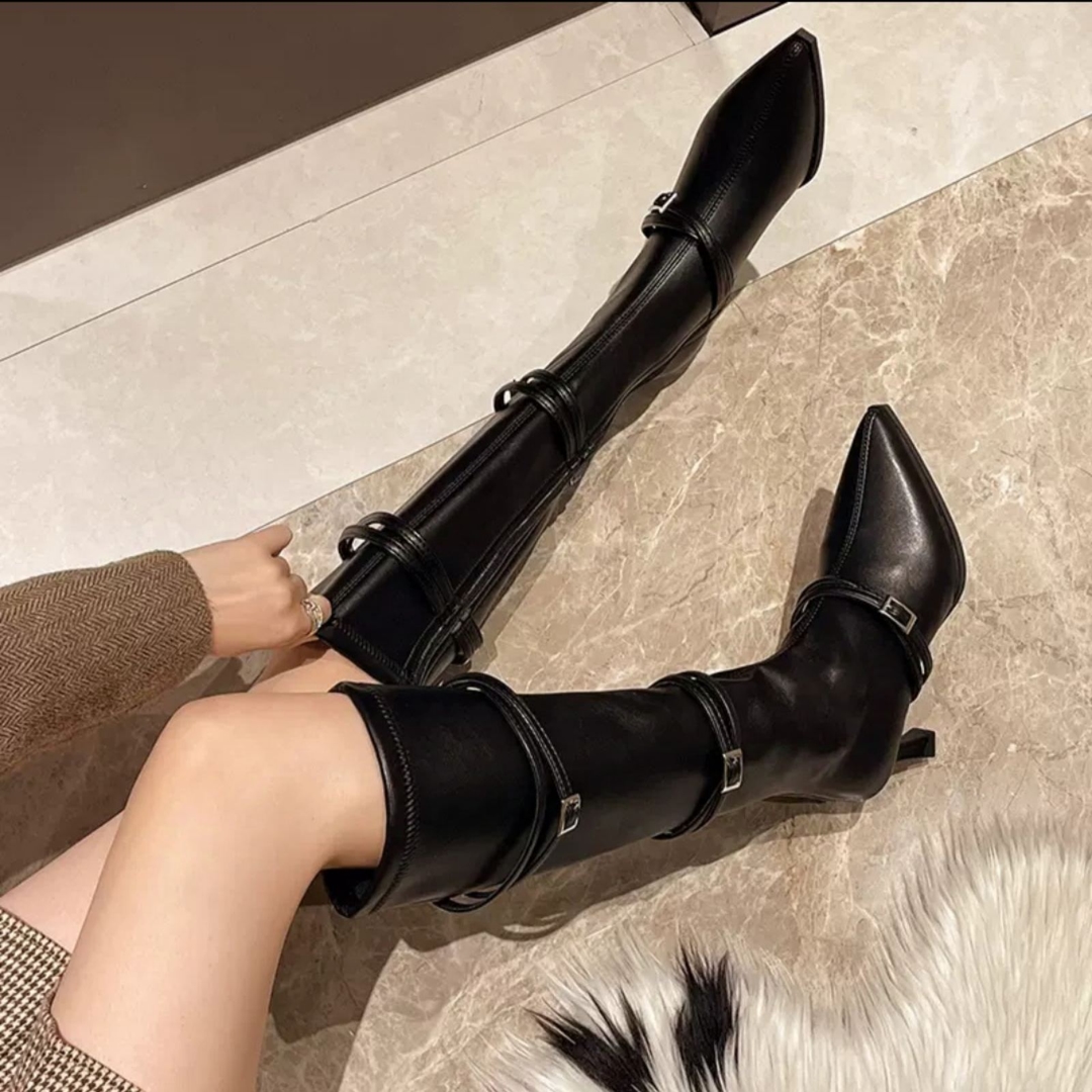Row Metal Belt Buckle Side Zipper Pointed Toe Platform Ultra-High Thick Heel Over The Knee High Boots New Long Boots 1