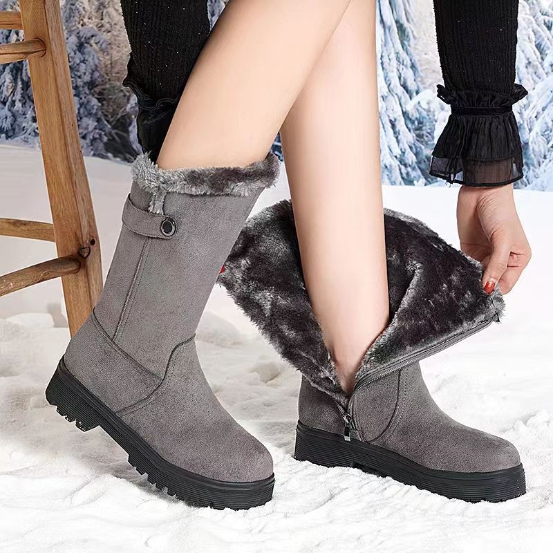 Autumn And Winter Women's Boots Zipper Mid Heel Snow Boots Thick Warm Soft Sole Slides Non-Slip Snow Boots Botas Altas 1