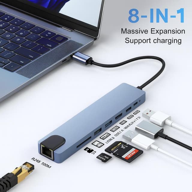 8 in 1 USB C HUB,USB C Multiport Adapter with 4K HDMI, PD100W, USB C Port,USB 3.0,USB 2.0, RJ45 Ethernet, SD/TF Card Reader, Docking Station Compatible with MacBook Pro/Air/Laptops/Dell XPS/iPad