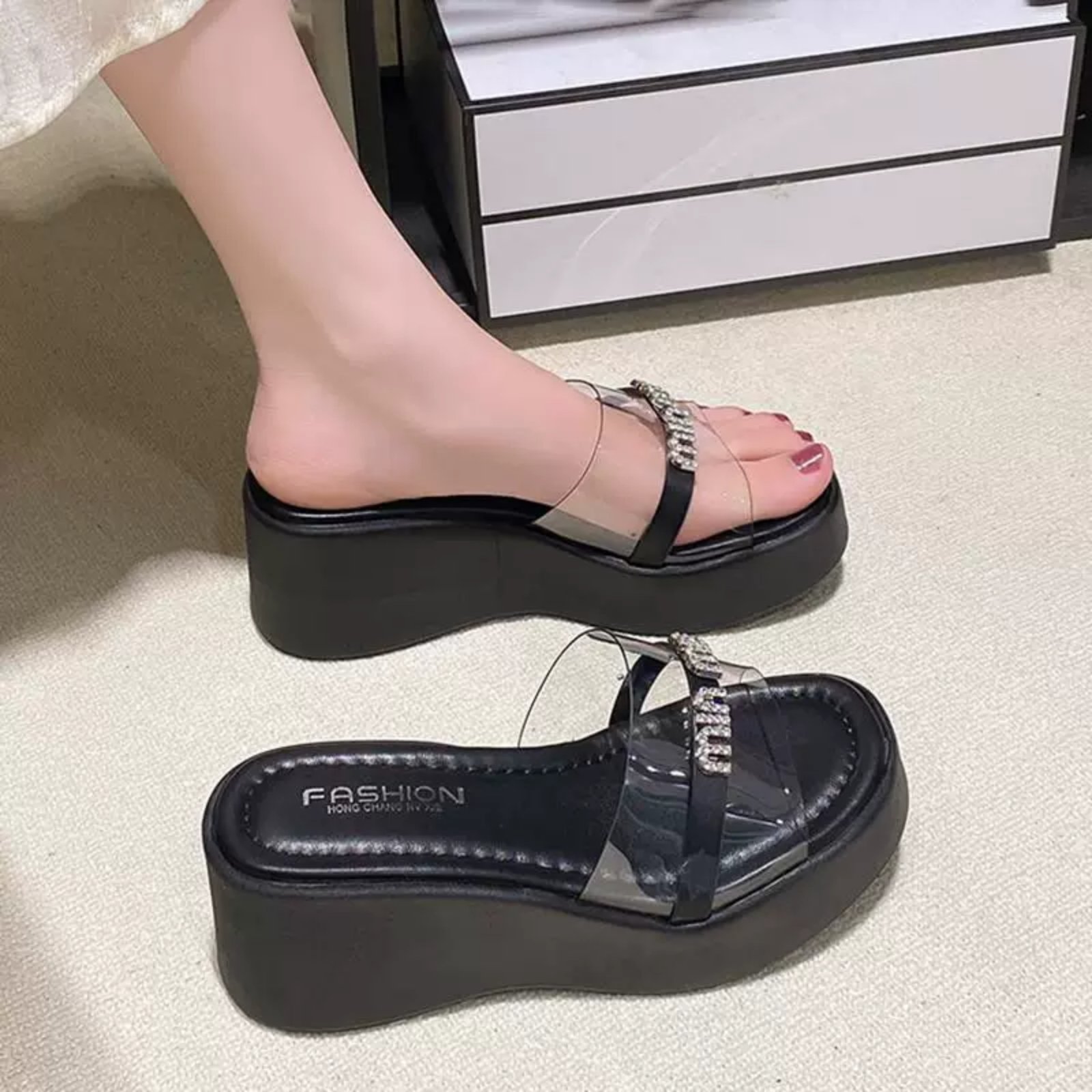 Elegant Women's Crystal Embellished Transparent Strap Platform Sandals – Off White & Black 1