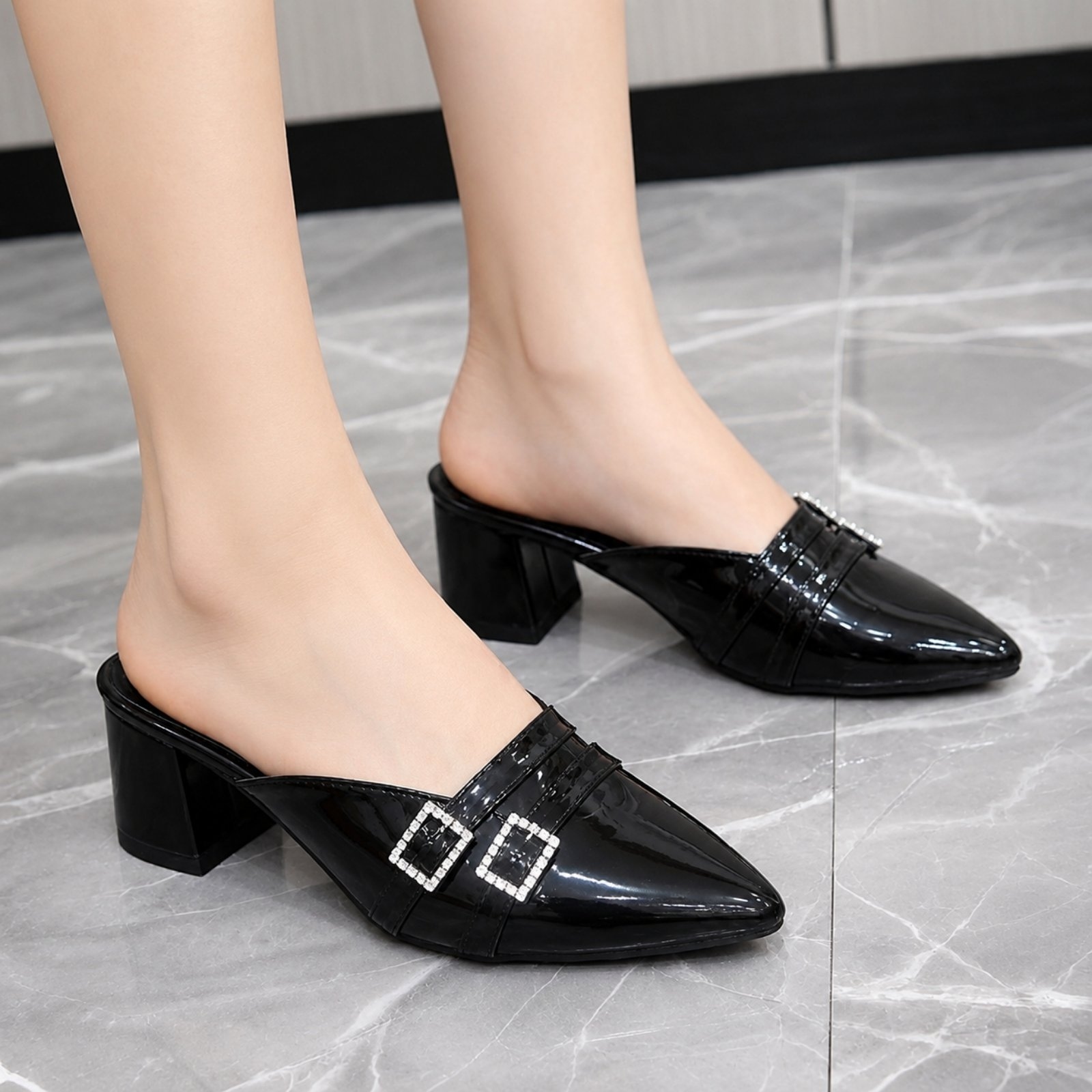 Premium Women's Elegant & Comfortable Patent Mule Block Heel Pumps 1