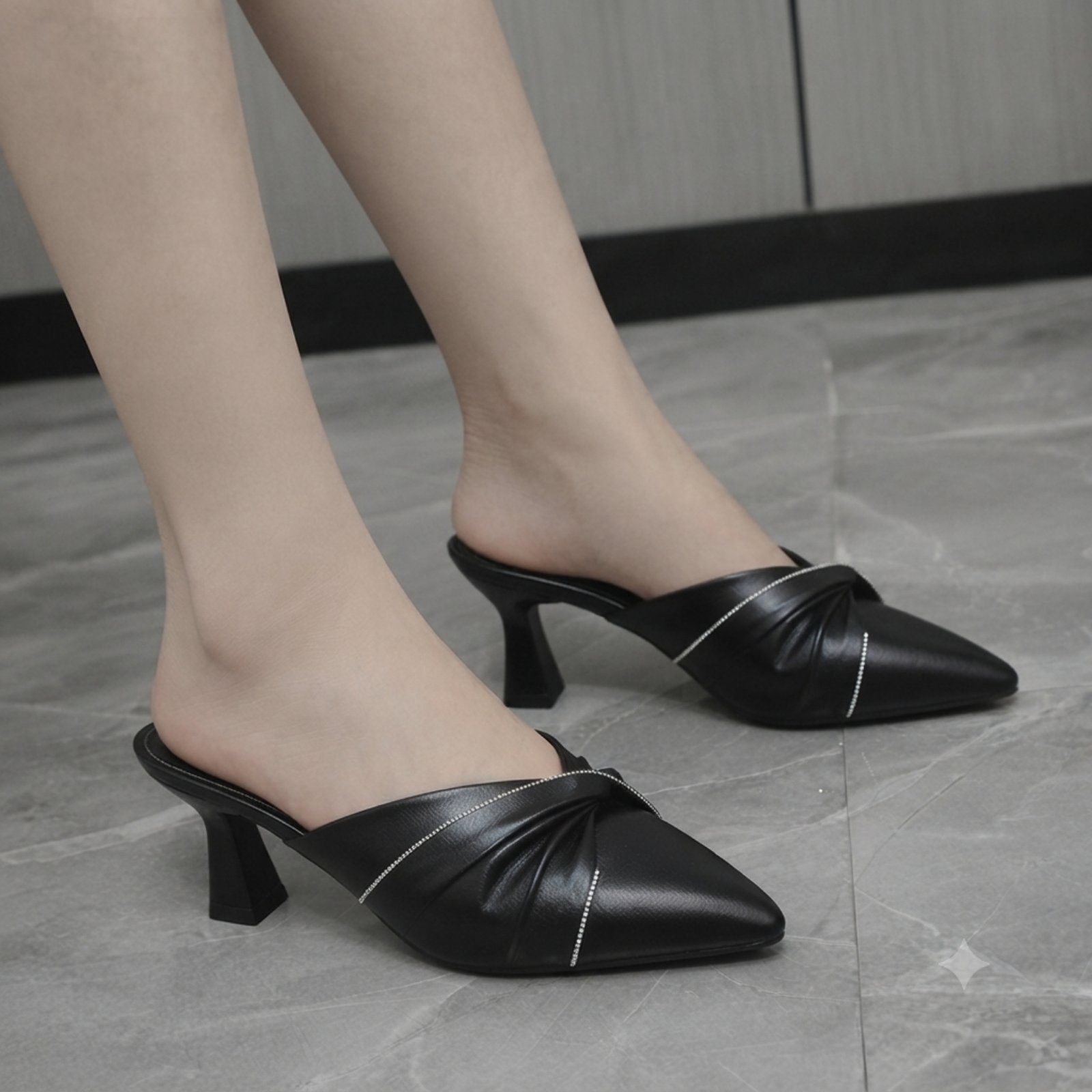 Premium Elegant Women's Pointed Toe Rhinestone Twist Kitten Heel Mules – Soft Cushion, Lightweight & Anti-Slip 1