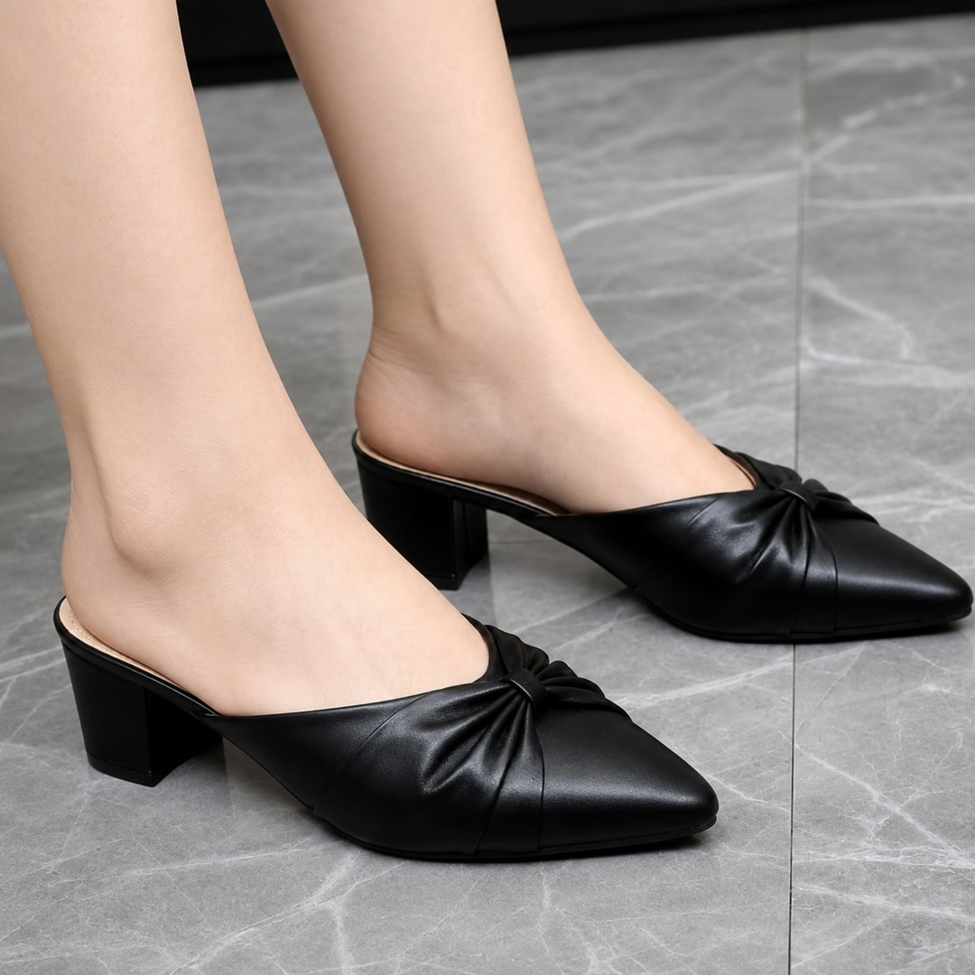 Premium Women's Black Pointed-Toe Knot Block Heel Mules – Soft Cushion, Lightweight & Elegant 1