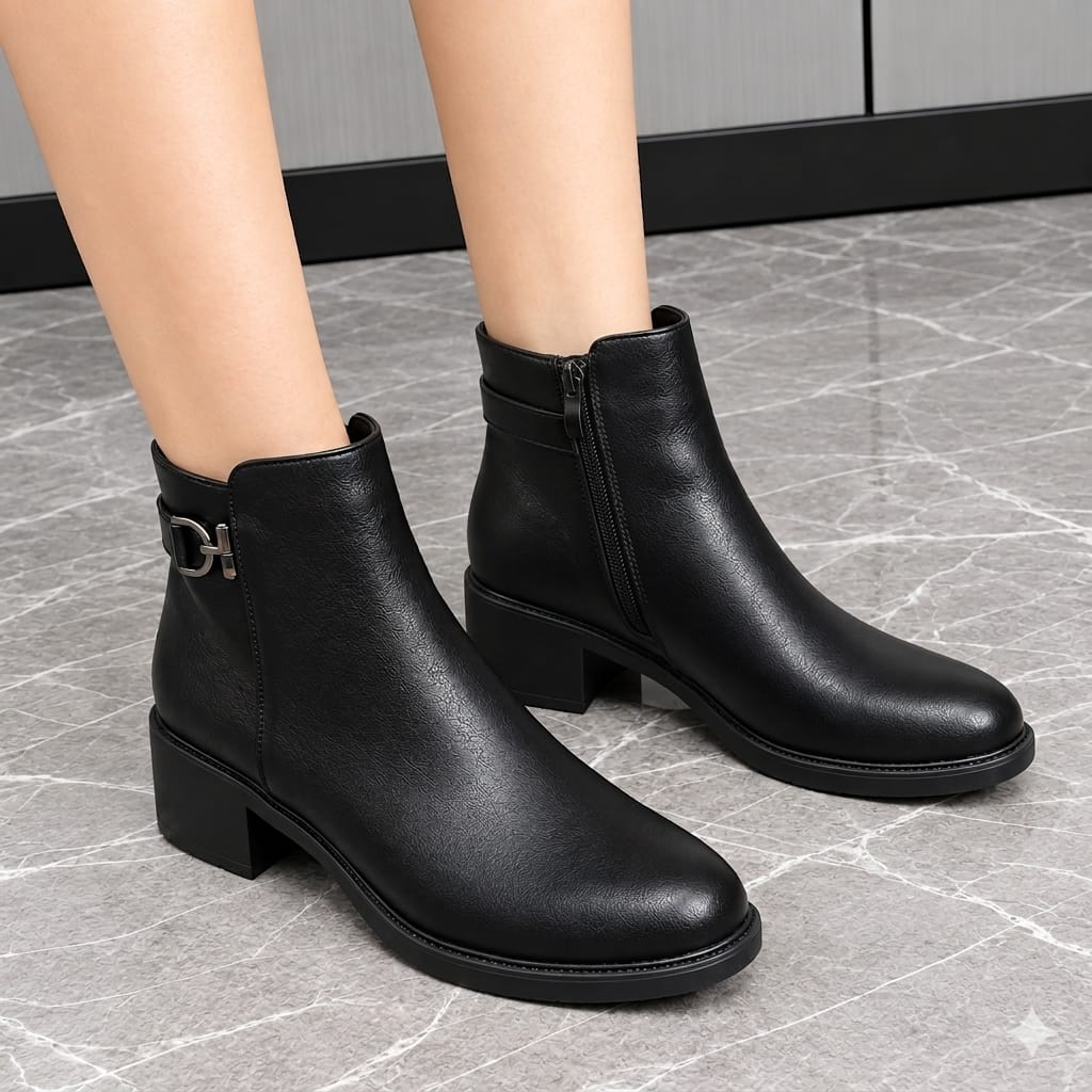 Premium Women’s Ankle Boots – Soft Round-Toe Low-Heel Chelsea Booties with Smooth Finish, Zipper Closure & Elegant Buckle Details 1