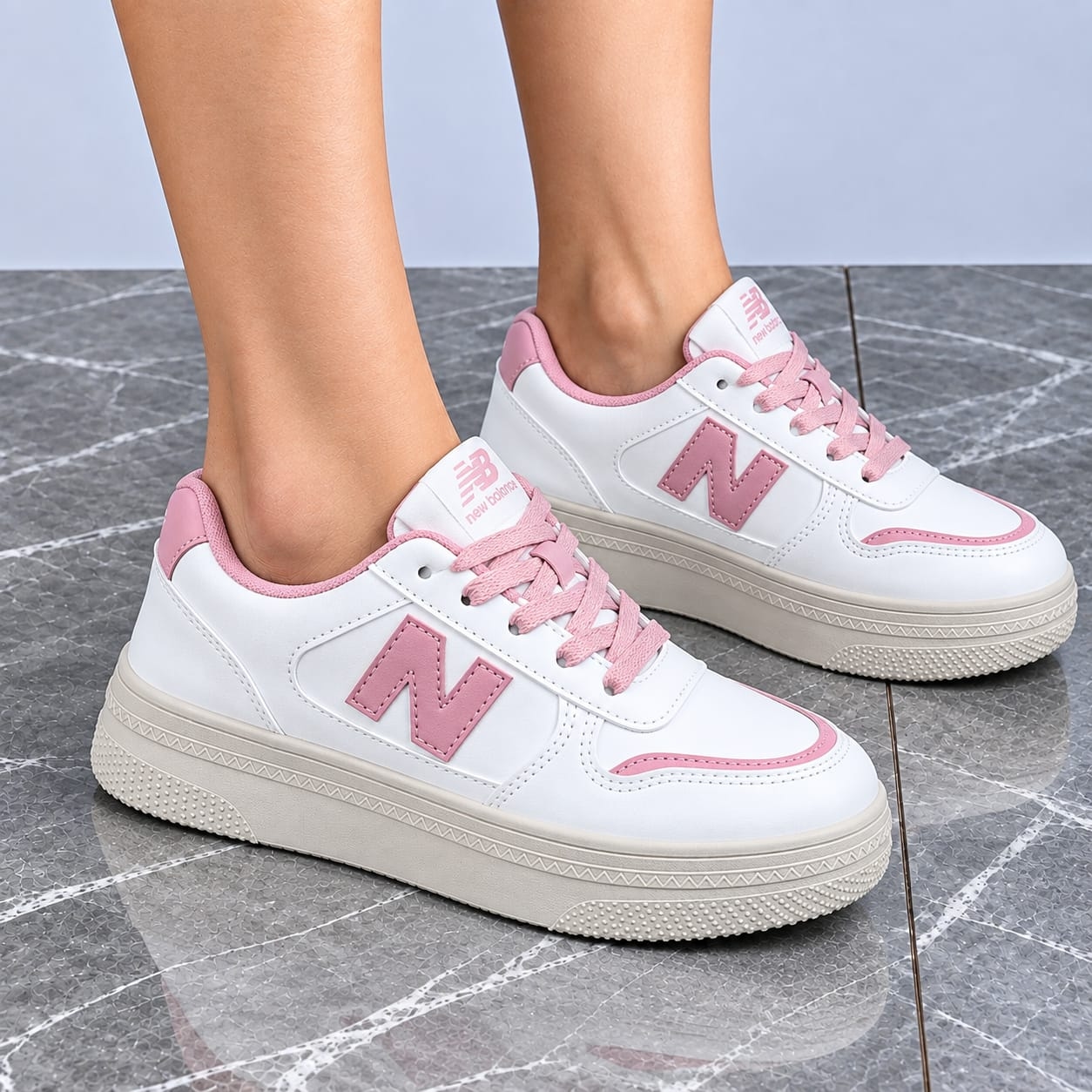 LuxeStride Urban Classic Platform Sneakers for Women – Premium White & Pink Leather Casual Shoes 1
