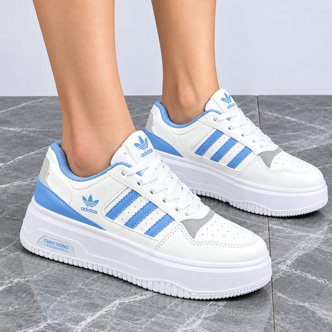 LuxeStride SkyBlue Retro Platform Sneakers for Women – Premium White & Blue Leather Casual Shoes 1