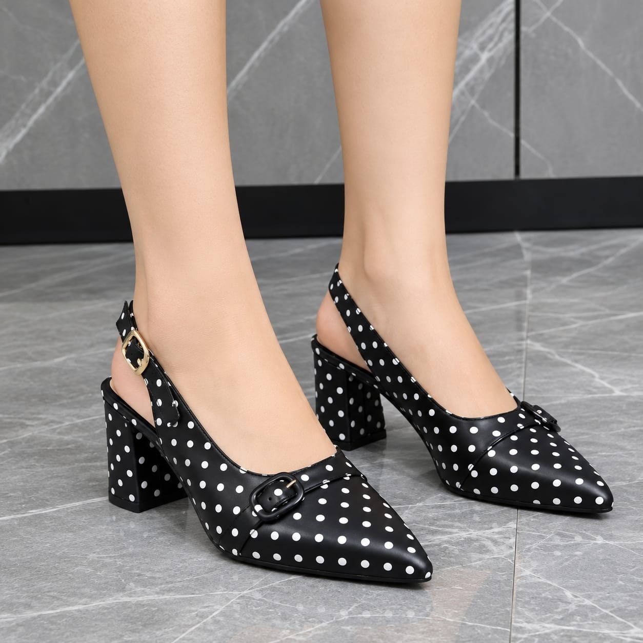LuxePolka Premium Pointed-Toe Buckle Strap Block Heels for Women – Elegant Polka Dot Slingback Party & Casual Fashion Shoes 1