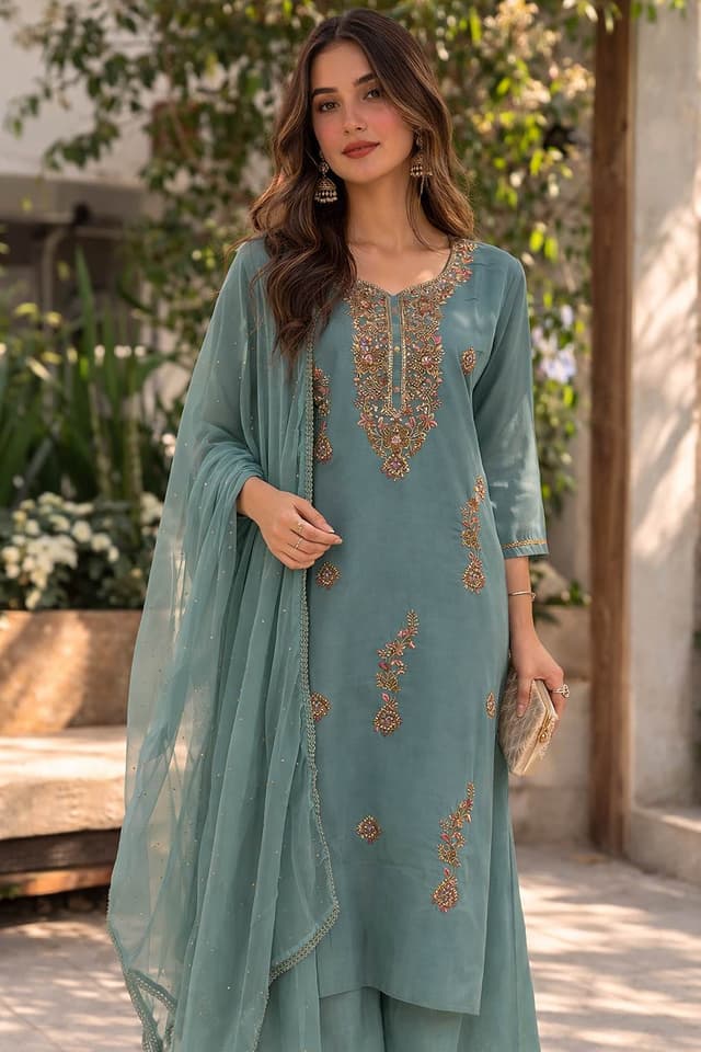 Simmer-Silk Kurti Sets In Sky Blue