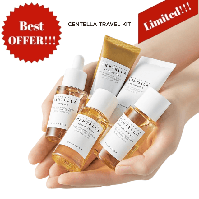 Centella Travel Kit Skincare Set (Box Version) – Toner, Ampoule, Soothing Cream, Cleansing Oil & Foam 30ml Each | Korean Skincare Trial & Gift Set