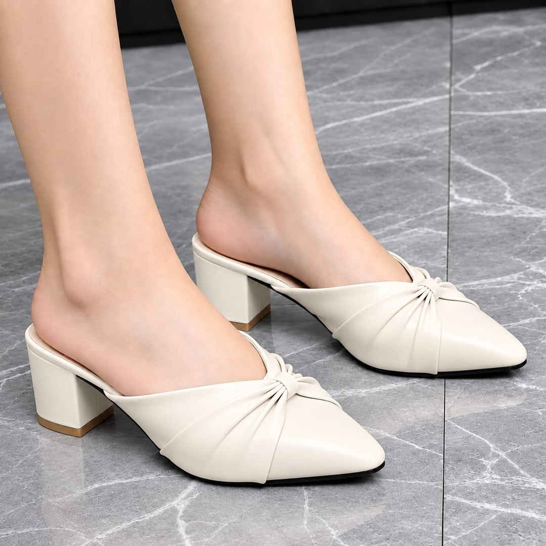 Premium Women's Cream Pointed-Toe Knot Block Heel Mules – Soft Cushion, Lightweight & Elegant 1