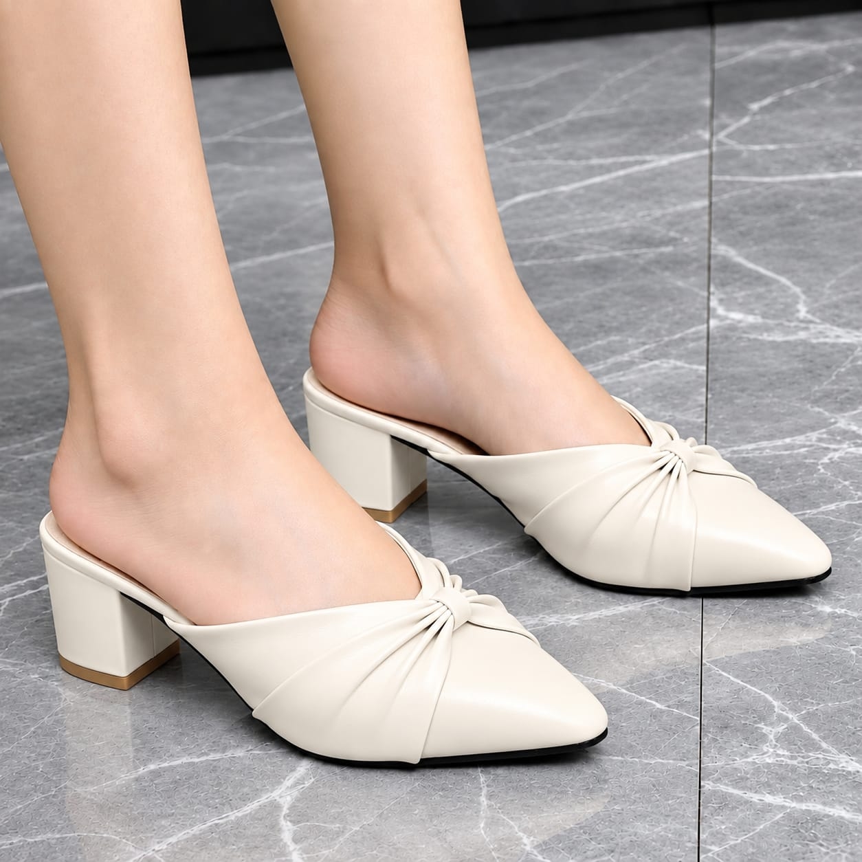 Premium Women's Cream Pointed-Toe Knot Block Heel Mules – Soft Cushion, Lightweight & Elegant 1