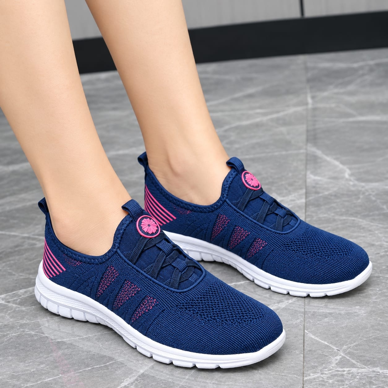 Women’s Lightweight Breathable Casual Sports Sneakers – Navy Blue & Pink 1