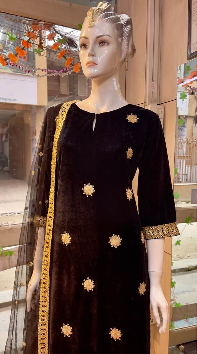 Velvet Kurti And Plazo Set For Women In Black