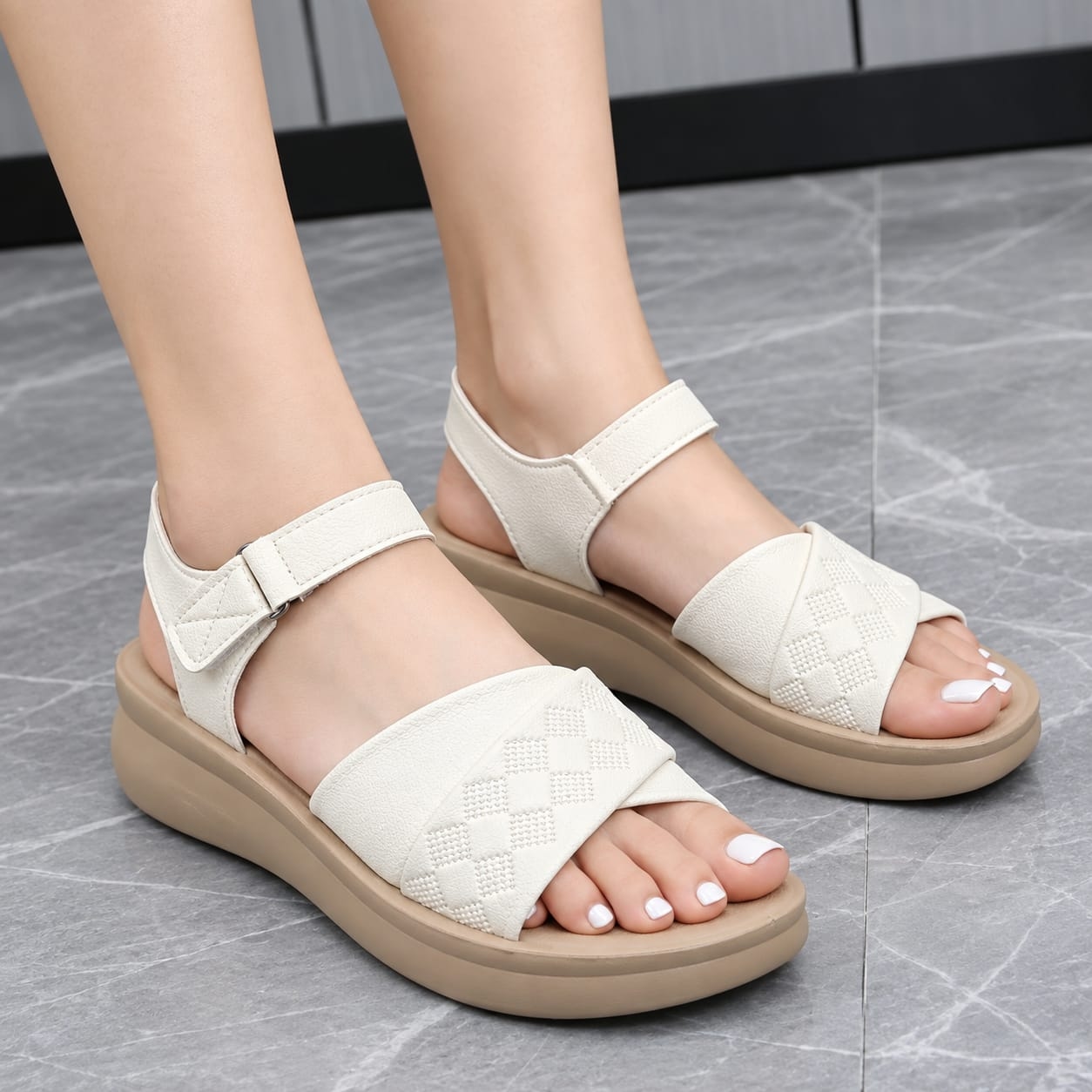 Elegant Women’s Textured Leather Wedge Sandals – Ivory Edition 1