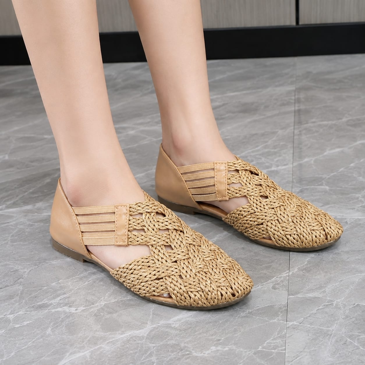 Elegant Women’s Woven Closed-Toe Flat Shoes – Nude Beige Edition 1