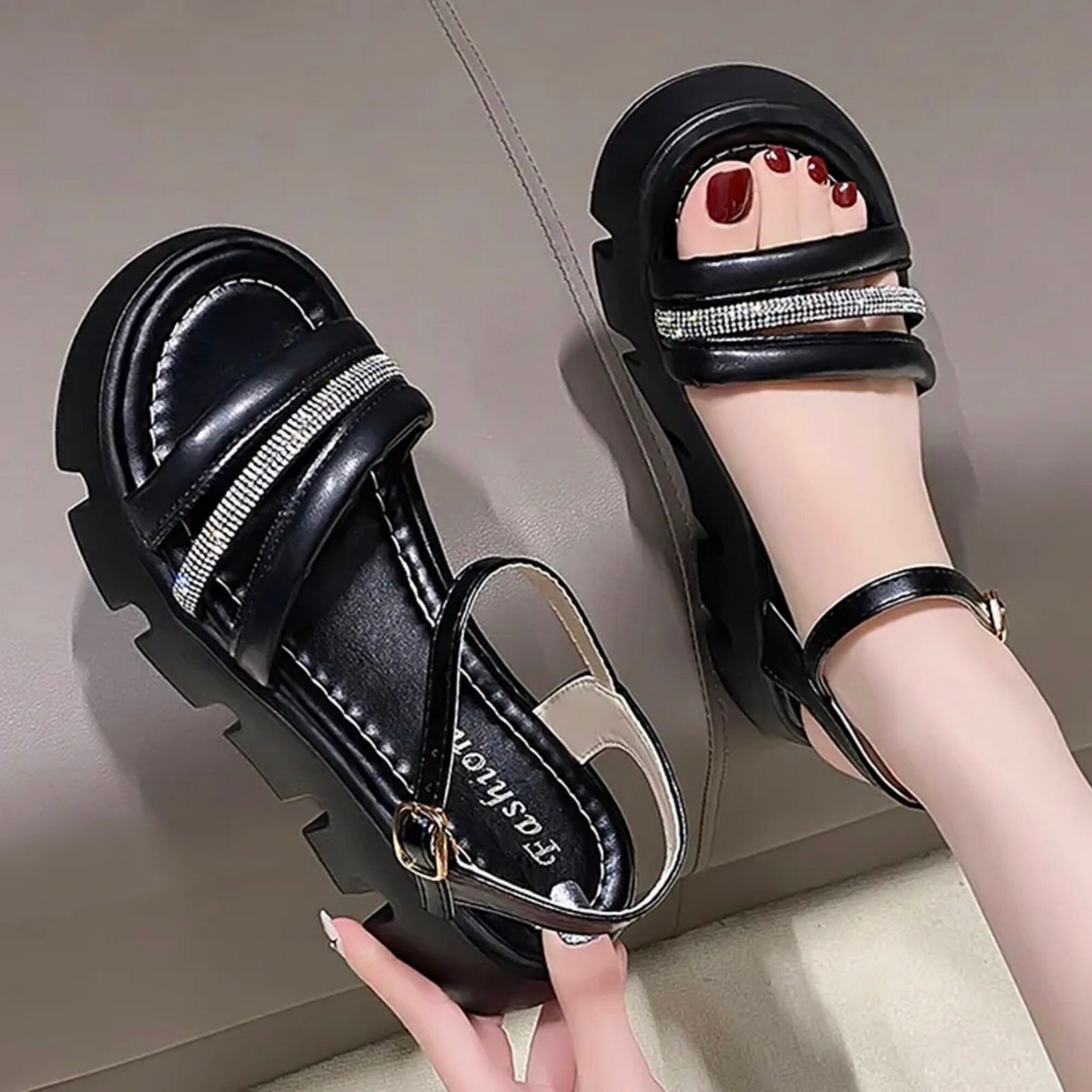 Sequin Decorative Sandals Chunky Women's Fashion All-match Platform Gladiator Mid-hell Open-toe One-Line Buckle Sandals 1