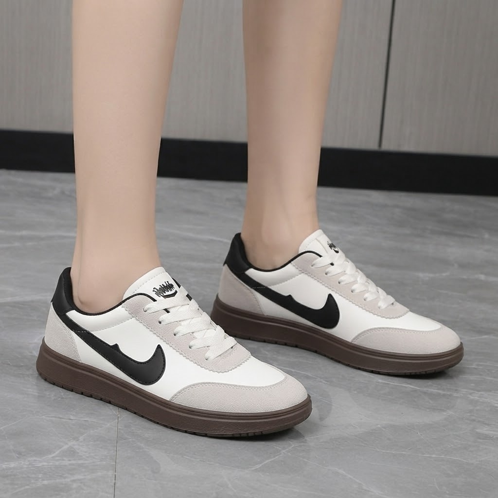 Korean LuxeStride Women’s Elegant Low-Top Sneakers – White & Black 1