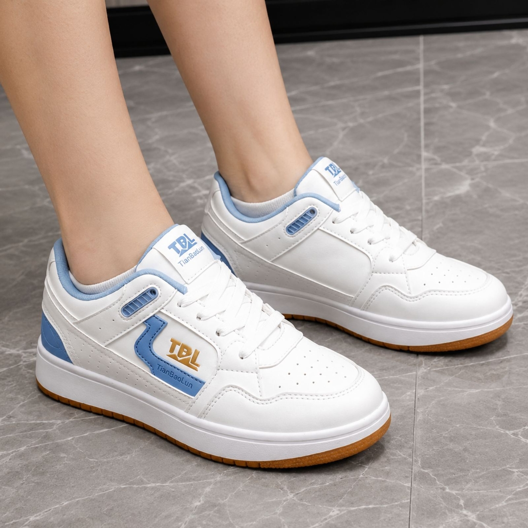Korean LuxeStride Women’s Sporty Low-Top Sneakers – White & Sky Blue 1