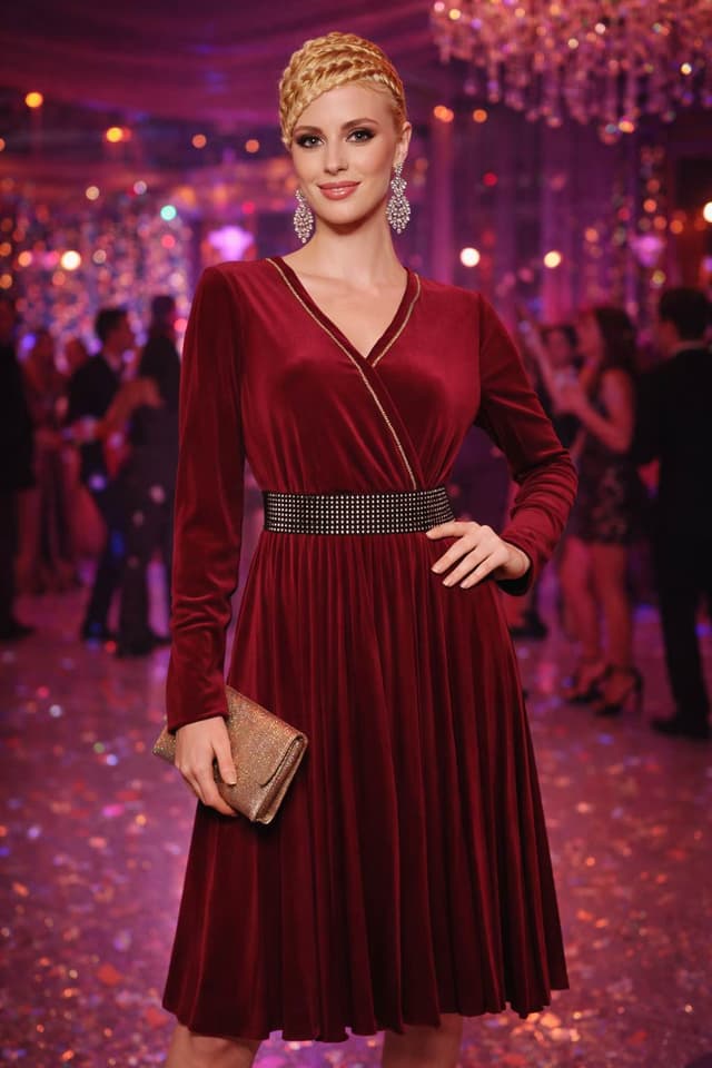 Maroon Color Velvet Cocktail Dress For Women