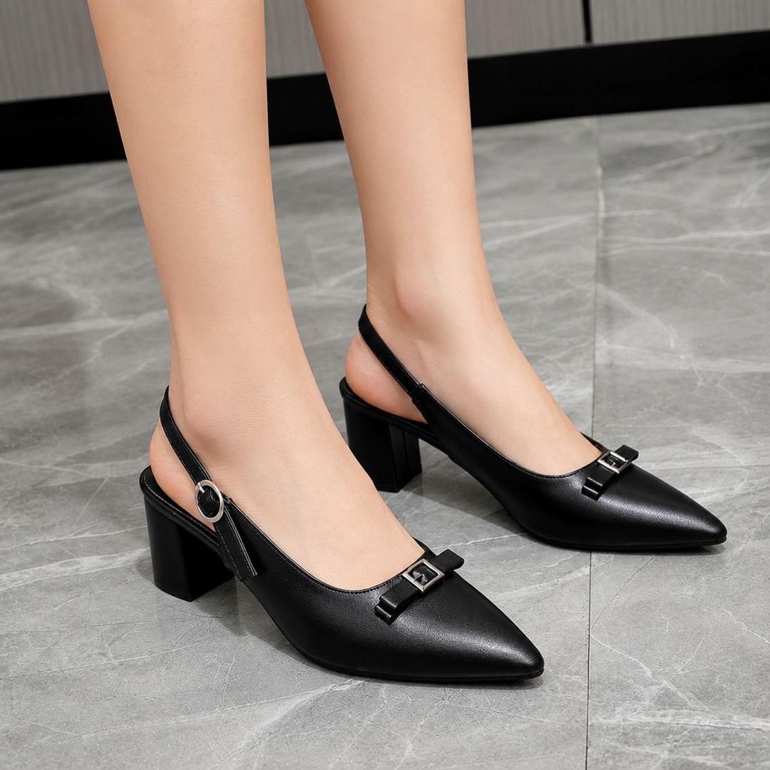 Elegant Women’s Black Pointed-Toe Slingback Block Heel Pumps with Buckle Detail 1