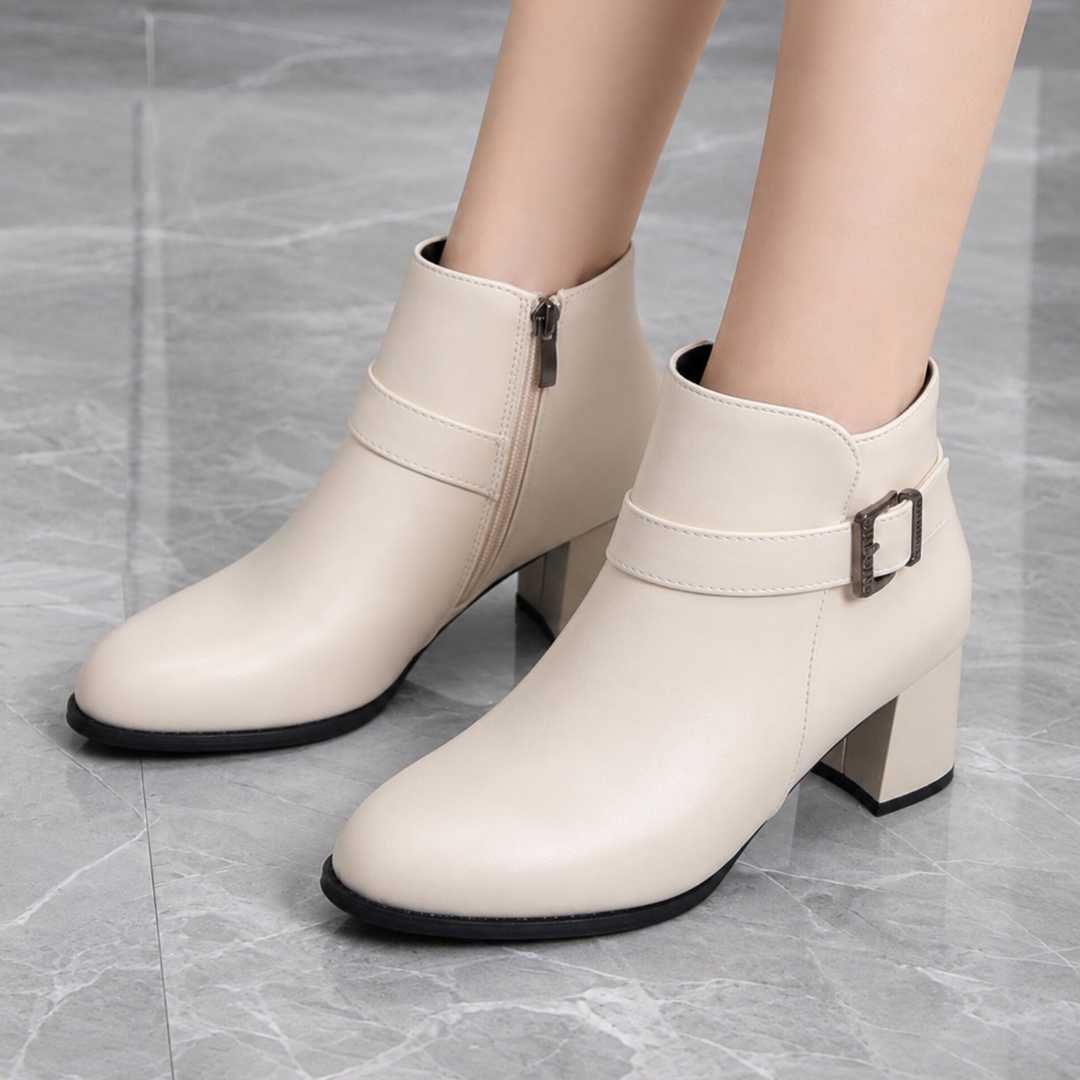 Premium Elegant Luxurious Women’s Leather Ankle Boots with Gold Buckle Block Heel 1