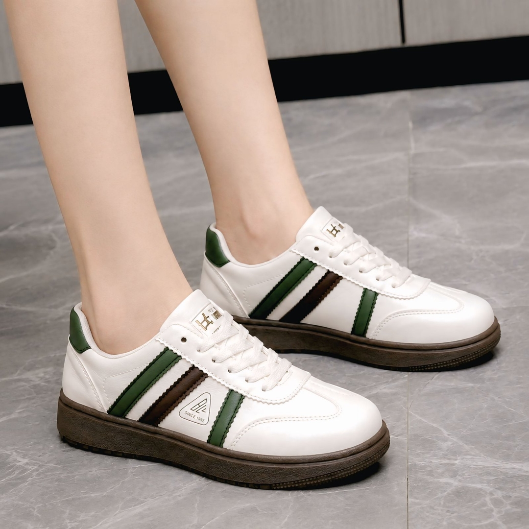 Luxurious Women’s Premium Leather Sneakers – White & Green Stripe Edition 1