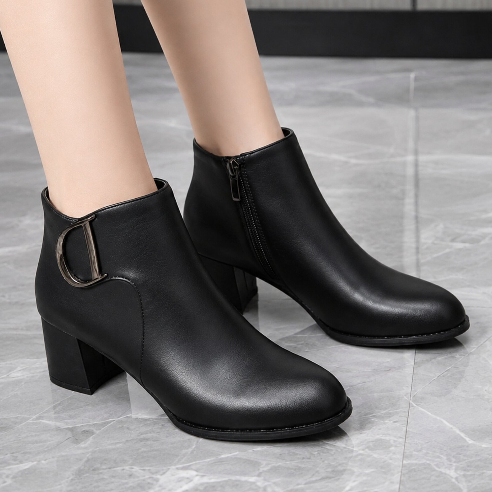 Premium Elegant Luxurious Women’s Leather Ankle Boots with Buckle Block Heel 1
