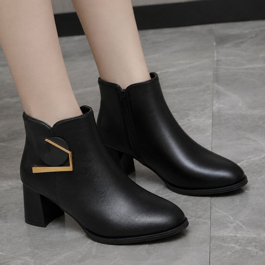 Premium Elegant Luxurious Women’s Gold Accent Block-Heel Ankle Boots 1