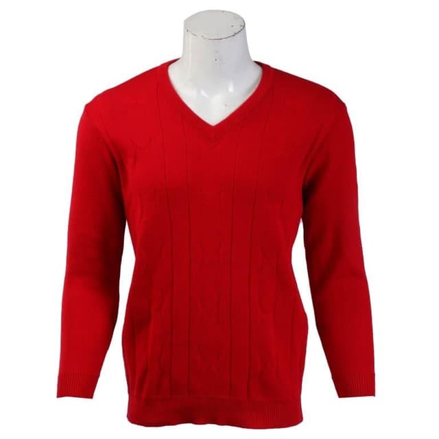 Red Plain Woolen Stripe V-Neck Sweater For Men
