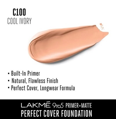 Lakme 9 to 5 Primer + Matte Perfect Cover Foundation - C100 Cool Ivory (25 ml) 2