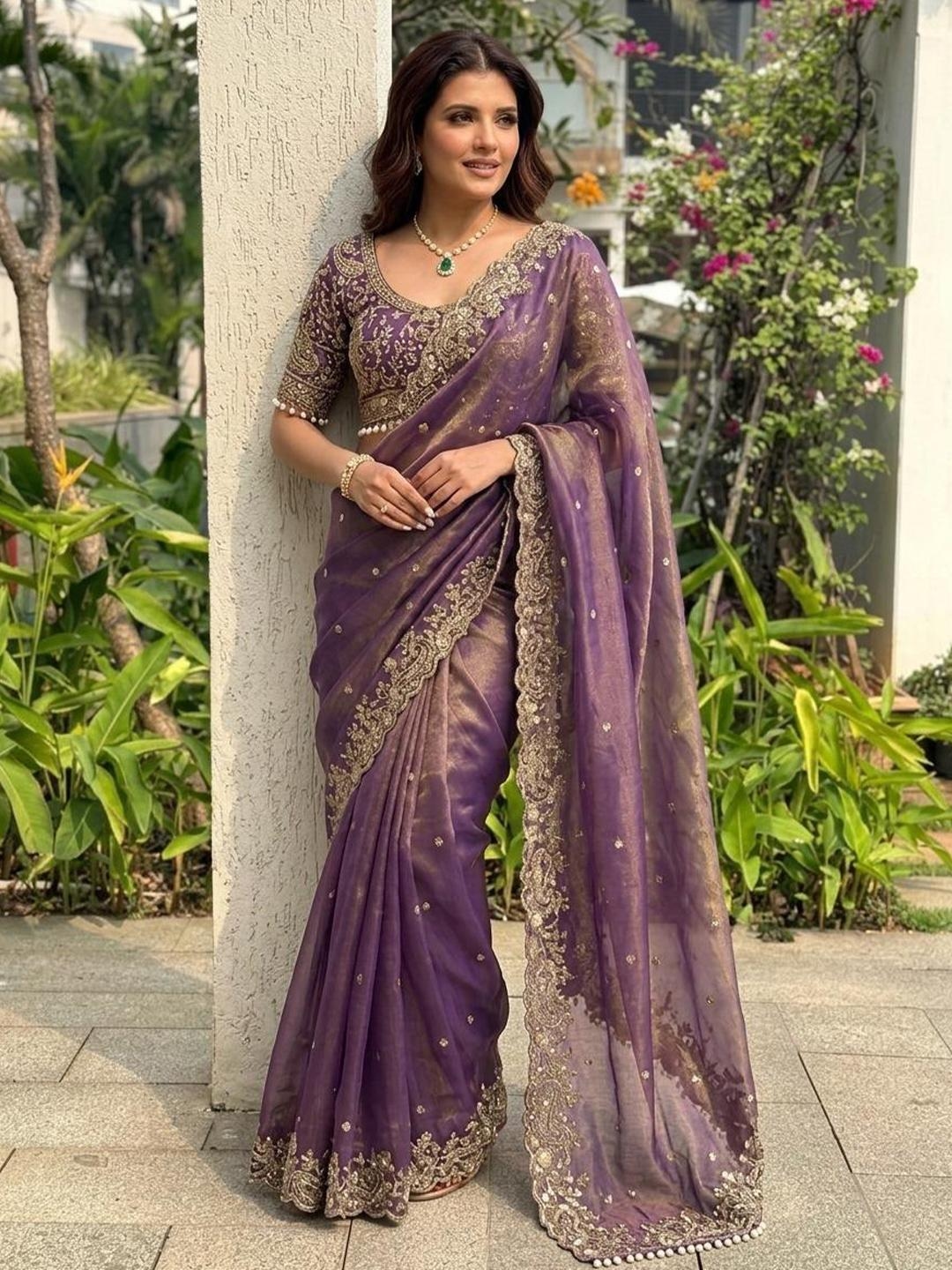 Embellished Embroidered Sequinned Sarees With Unstitched Blouse Piece 4