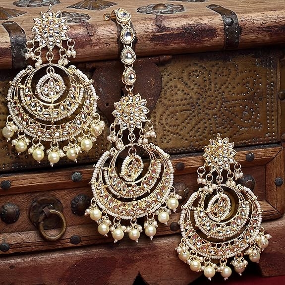 raditional Gold Plated Big Chandbali Kundan & Pearl Earring Set With Maang Tikka for Women 4