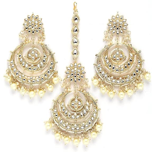 raditional Gold Plated Big Chandbali Kundan & Pearl Earring Set With Maang Tikka for Women
