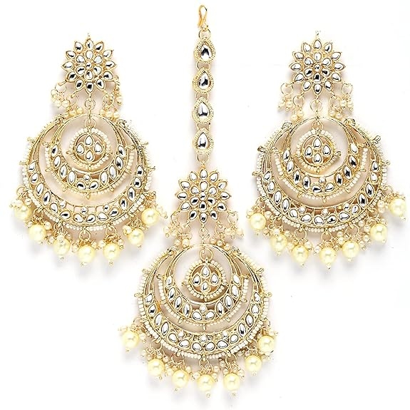 raditional Gold Plated Big Chandbali Kundan & Pearl Earring Set With Maang Tikka for Women 1