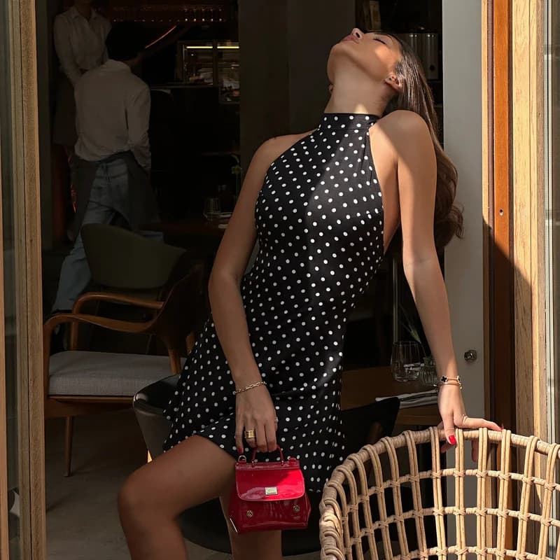 Secret Notes Black Halter Mini Dress, Polka dot Party dresses Neckline High cut , 3